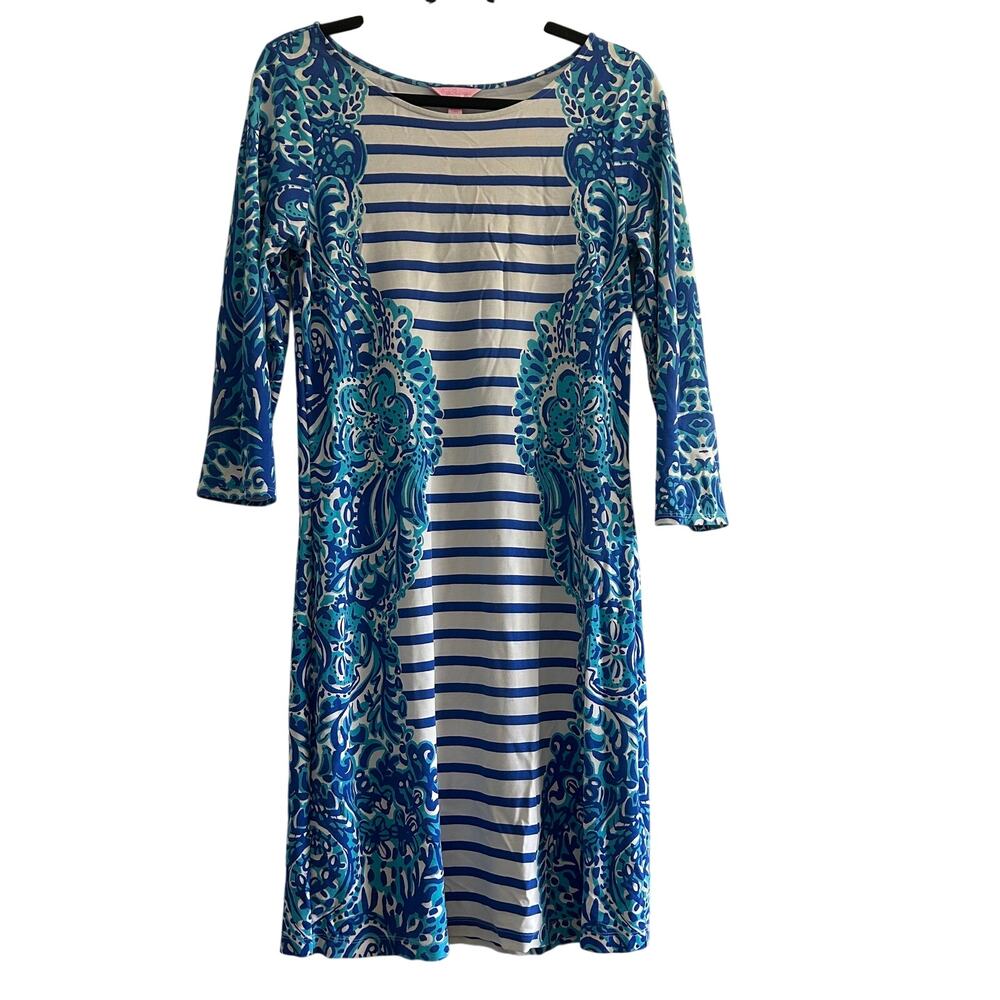 Lilly Pulitzer Nila Knit Dress Blue White Stripe Paisley 3/4 Sleeve M Resort